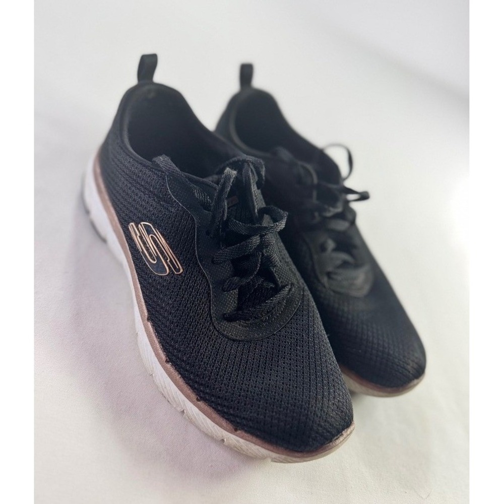 Skechers Flex Appeal 3.0 Insiders Black Rose Gold Mesh Memory Foam Sneakers
